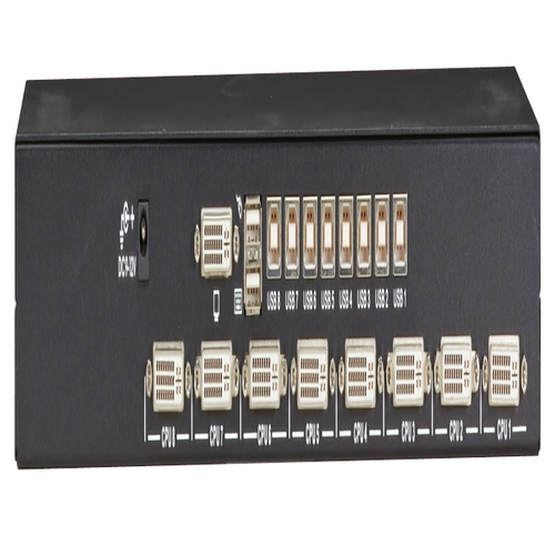 Black Box EC Series KV9508A KVM switch back view showing 8 DVI-D computer ports, USB keyboard and mouse connections, console mode selector switch, and AC power adapter input