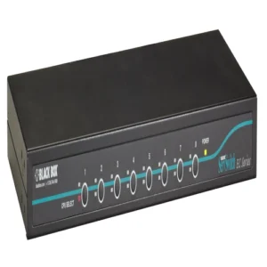 Black Box EC Series KV9508A KVM switch front view with 8 port selection buttons, active port LEDs, and front-panel controls for manual or autoscan switching between DVI-D servers