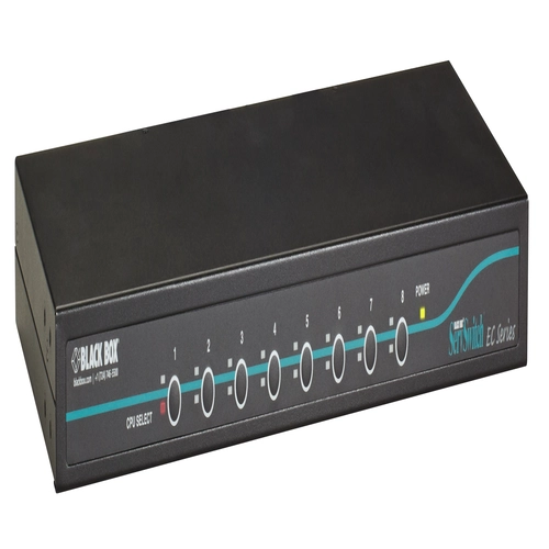 Black Box EC Series KV9508A KVM switch front view with 8 port selection buttons, active port LEDs, and front-panel controls for manual or autoscan switching between DVI-D servers