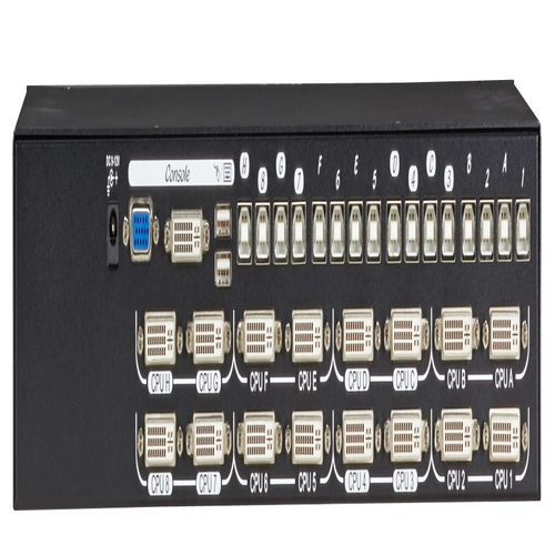 Black Box KV9516A EC Series KVM switch back view showing 16 DVI-D server ports, USB console connections, and power input