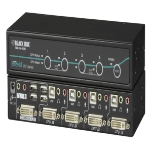 Black Box KV9604A KVM switch front view with 4 port selection buttons, LED channel indicators, and front-panel controls for multi-computer switching