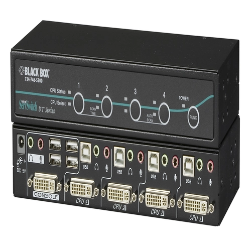 Black Box KV9604A KVM switch front view with 4 port selection buttons, LED channel indicators, and front-panel controls for multi-computer switching