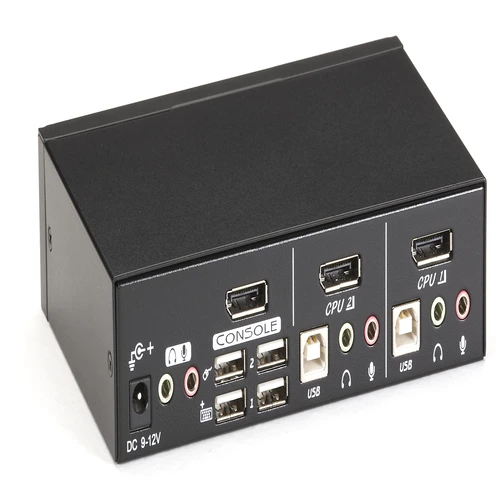 Black Box DT Series KV9702A desktop KVM switch back view showing 2 DisplayPort computer inputs, 6 USB 2.0 ports (4 for peripherals, 2 for keyboard/mouse), 3.5mm audio jacks for microphone and speaker, and power input