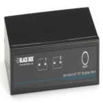 Black Box DT Series KV9702A desktop KVM switch front view with 2 port selection buttons, LED channel indicators, and front-panel controls for switching between DisplayPort computers