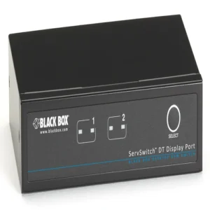 Black Box DT Series KV9702A desktop KVM switch front view with 2 port selection buttons, LED channel indicators, and front-panel controls for switching between DisplayPort computers