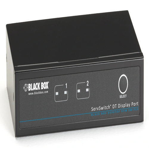 Black Box DT Series KV9702A desktop KVM switch front view with 2 port selection buttons, LED channel indicators, and front-panel controls for switching between DisplayPort computers