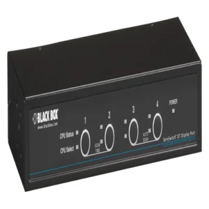 Black Box KV9704A KVM switch front view with 4 port selection buttons and LED indicators for multi-computer control