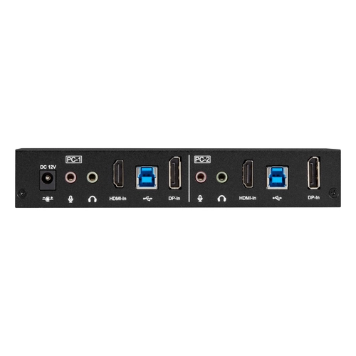 Black Box KVD200-2H KVM extender back view showing RJ45 CATx link interface, RS232 serial port, 3.5mm audio jacks, and power input