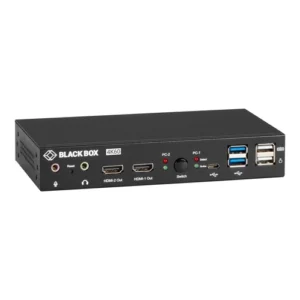 Black Box KVD200-2H KVM extender front view with HDMI port, USB interfaces, and status LED indicators for KVM extension over CATx cable