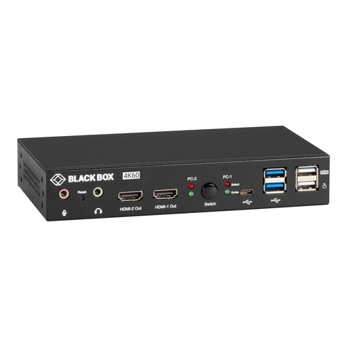 Black Box KVD200-2H KVM extender front view with HDMI port, USB interfaces, and status LED indicators for KVM extension over CATx cable