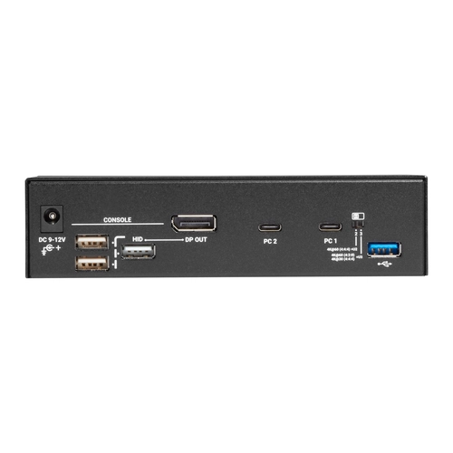 Black Box KVMC4K-2P KVM extender back view with RJ45 link interface, RS232 serial port, and power input