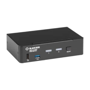 Black Box KVMC4K-2P KVM extender front view with HDMI port, USB interfaces, and status LEDs for 4K extension over CATx