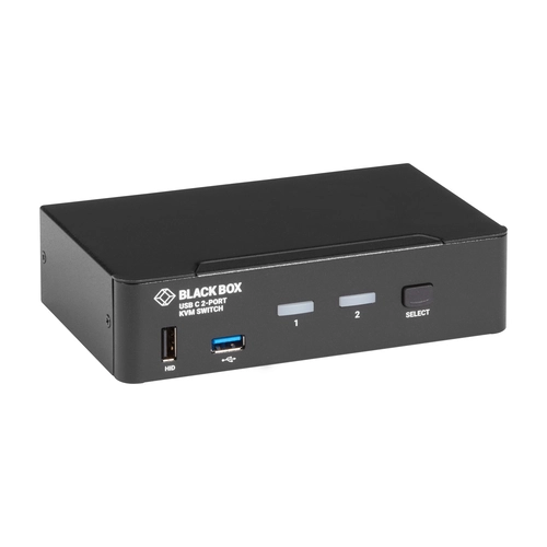 Black Box KVMC4K-2P KVM extender front view with HDMI port, USB interfaces, and status LEDs for 4K extension over CATx