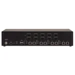 Black Box SECURE KVS4-2004HVX KVM switch back view showing HDMI/DisplayPort FlexPort connectors supporting single or dual monitor configurations, USB ports for keyboard and mouse, audio jacks, and external power supply with locking connector