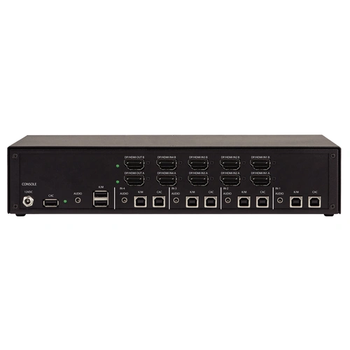 Black Box SECURE KVS4-2004HVX KVM switch back view showing HDMI/DisplayPort FlexPort connectors supporting single or dual monitor configurations, USB ports for keyboard and mouse, audio jacks, and external power supply with locking connector