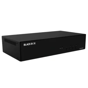 Black Box SECURE KVS4-2004HVX KVM switch front view with four clearly marked channel selection buttons, tamper-proof seals, and LED active port indicators