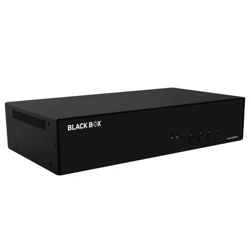 Black Box SECURE KVS4-2004HVX KVM switch front view with four clearly marked channel selection buttons, tamper-proof seals, and LED active port indicators
