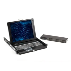 Black Box ServTray KVT417A-8UV-R2 KVM LCD console front view showing 17-inch LCD screen closed position with front panel concealing the unit in 1U rack space