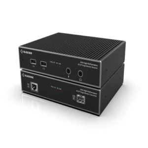 Black Box KVXHP-100 high-performance KVM extender front view with DisplayPort 1.2 connector, USB ports, and tri-color connection status LEDs for 4K60 video extension