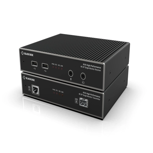 Black Box KVXHP-100 high-performance KVM extender front view with DisplayPort 1.2 connector, USB ports, and tri-color connection status LEDs for 4K60 video extension