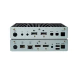 Black Box KVXHP-400 high-performance KVM extender back view showing multiple DisplayPort outputs, USB 2.0 hub ports, RJ45 CATx interface, SFP fiber slot, and power input