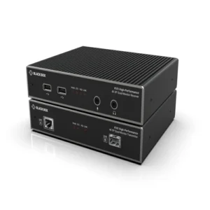 Black Box KVXHP-400 high-performance KVM extender front view with DisplayPort MST connectors supporting quad-head 4K60 video extension from a single computer