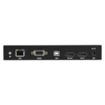 Black Box KVX Series KVXLCDP-100 KVM extender back view showing RJ45 CATx link interfaces (using two CAT5e cables), RS232 serial port, local video port loopback for monitoring, and dual 5VDC 2A power inputs