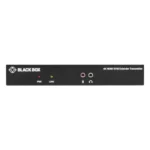 Black Box KVX Series KVXLCH-100 KVM extender front view with HDMI connector, USB 2.0 hub ports, 3.5mm audio jacks, and front-panel status LEDs