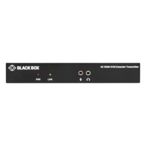 Black Box KVX Series KVXLCH-100 KVM extender front view with HDMI connector, USB 2.0 hub ports, 3.5mm audio jacks, and front-panel status LEDs