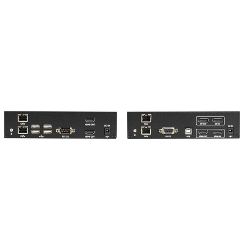 Black Box KVXLCHDP-200 KVM extender back view showing RJ45 CATx interface, SFP fiber slot, RS232 serial port, and locking power connector