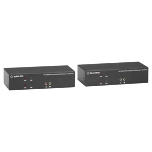Black Box KVXLCHDPF-200 KVM extender front view with DisplayPort connectors, USB interfaces, and fiber optic link status indicators