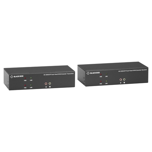 Black Box KVXLCHDPF-200 KVM extender front view with DisplayPort connectors, USB interfaces, and fiber optic link status indicators