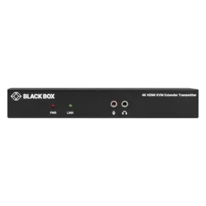 Black Box KVXLCHF-100 KVM extender front view with DisplayPort connectors, USB interfaces, and fiber optic link status indicators for 4K video extension