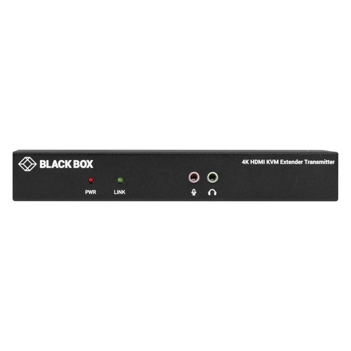Black Box KVXLCHF-100 KVM extender front view with DisplayPort connectors, USB interfaces, and fiber optic link status indicators for 4K video extension