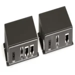 Black Box LBPS01A-KIT PoE injector kit back view showing AC power connection, Ethernet data input, and combined data + power output ports