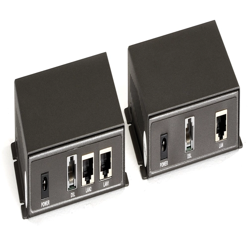 Black Box LBPS01A-KIT PoE injector kit back view showing AC power connection, Ethernet data input, and combined data + power output ports