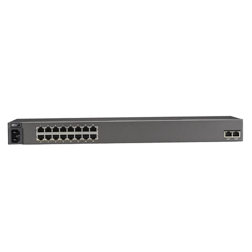 Black Box LES1516A console server back view showing dual Gigabit Ethernet ports, USB ports, and power connection