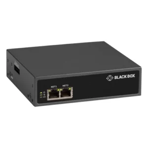 Black Box LES1608A console server front view showing 8 RS232 serial ports, 2 RJ45 Gigabit Ethernet ports, 4 USB ports, and comprehensive LED status indicators for network and serial activity