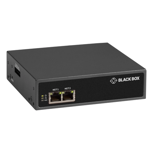 Black Box LES1608A console server front view showing 8 RS232 serial ports, 2 RJ45 Gigabit Ethernet ports, 4 USB ports, and comprehensive LED status indicators for network and serial activity
