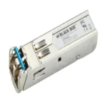 Black Box LFP403 SFP transceiver front view with LC fiber optic connector for Gigabit Ethernet connectivity
