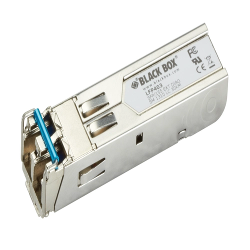 Black Box LFP403 SFP transceiver front view with LC fiber optic connector for Gigabit Ethernet connectivity