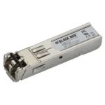 Black Box LFP412 Gigabit SFP transceiver front view showing LC fiber optic connector and metal housing for hot-pluggable optical interface