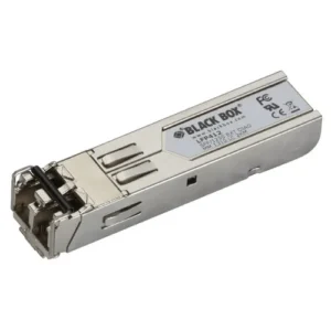 Black Box LFP412 Gigabit SFP transceiver front view showing LC fiber optic connector and metal housing for hot-pluggable optical interface