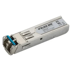 Black Box LFP414 Gigabit SFP transceiver front view showing LC fiber optic connector and metal housing for hot-pluggable optical interface