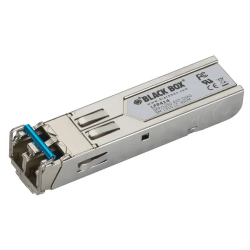 Black Box LFP414 Gigabit SFP transceiver front view showing LC fiber optic connector and metal housing for hot-pluggable optical interface