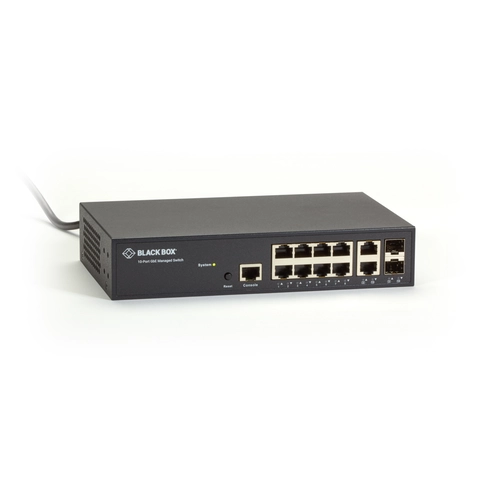 Black Box LGB1110A Gigabit Ethernet switch front view with 8 Gigabit Ethernet ports and LED status indicators for link and activity