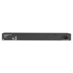 Black Box LGB1126A-R2 Gigabit switch back view with AC power input, console port for management, and ventilation design for rack-mount deployment