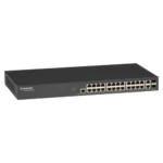 Black Box LGB1126A-R2 Gigabit Ethernet switch front view with 24 10/100/1000-Mbps RJ45 ports, 2 SFP combo ports, and comprehensive LED status indicators for link and activity