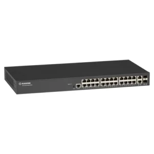 Black Box LGB1126A-R2 Gigabit Ethernet switch front view with 24 10/100/1000-Mbps RJ45 ports, 2 SFP combo ports, and comprehensive LED status indicators for link and activity