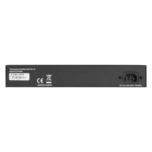 Black Box LGB2000 Series LGB2118A-R2 web smart switch back view with AC power input, console port for management, and ventilation design for fanless silent operation